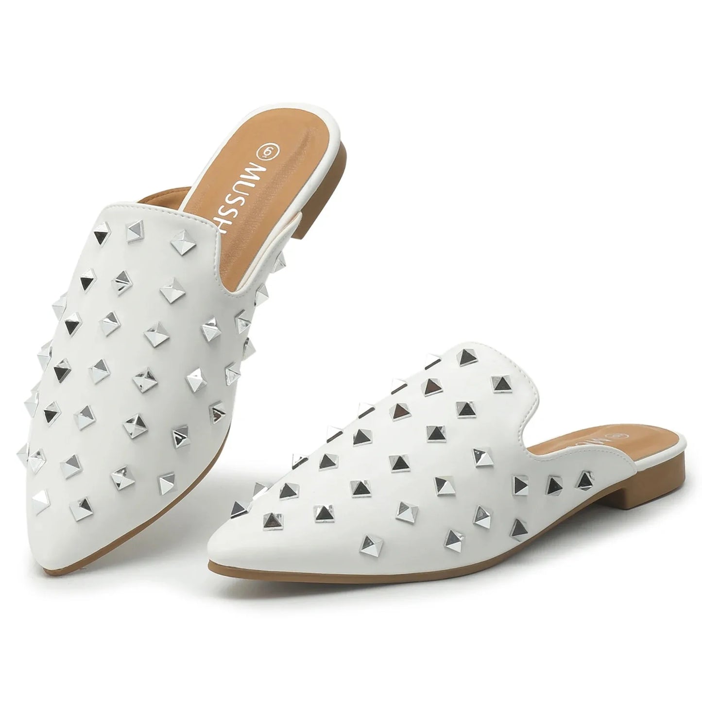 Riveted Slippers Women'S Shoes Leather Square Heel Low-Heel Slippers Casual Shoes Flat Shoes Loafers Footwear