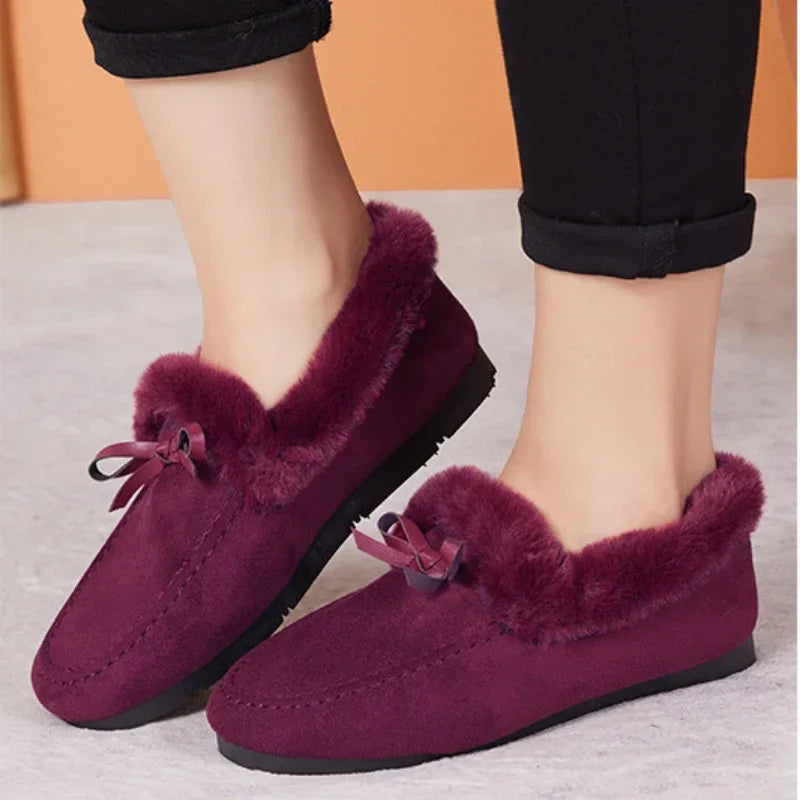 Women Winter Casual Shoes New Moccasins Soft Flat Non-Slip Loafers Fashion Comfort Warm Plush Bow Slip on Female Cotton Shoes
