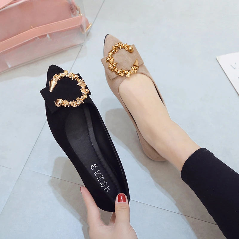 Spring and Autumn Casual Fashion Pointed Toe Comfortable Non-Slip Wear-Resistant Simple Metal Decorative Women'S Shoes