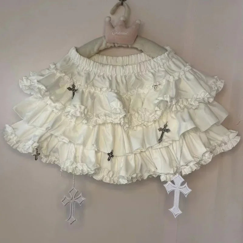 Y2K Gothic Punk Black White Short Skirt Women Hot Chick Darkly Polka Dot Ruffle Cake Skirt Female Sweet Chic Lolita Lace Skirts
