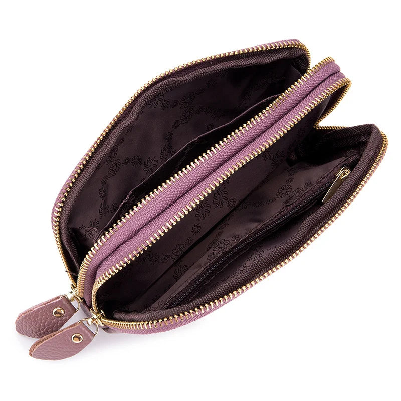 Real Leather Women Long Wallet Ladies Double Zipper Coin Purse Four-Leaf Clover Card Holder Female Cute Money Bag Luxury Clutch
