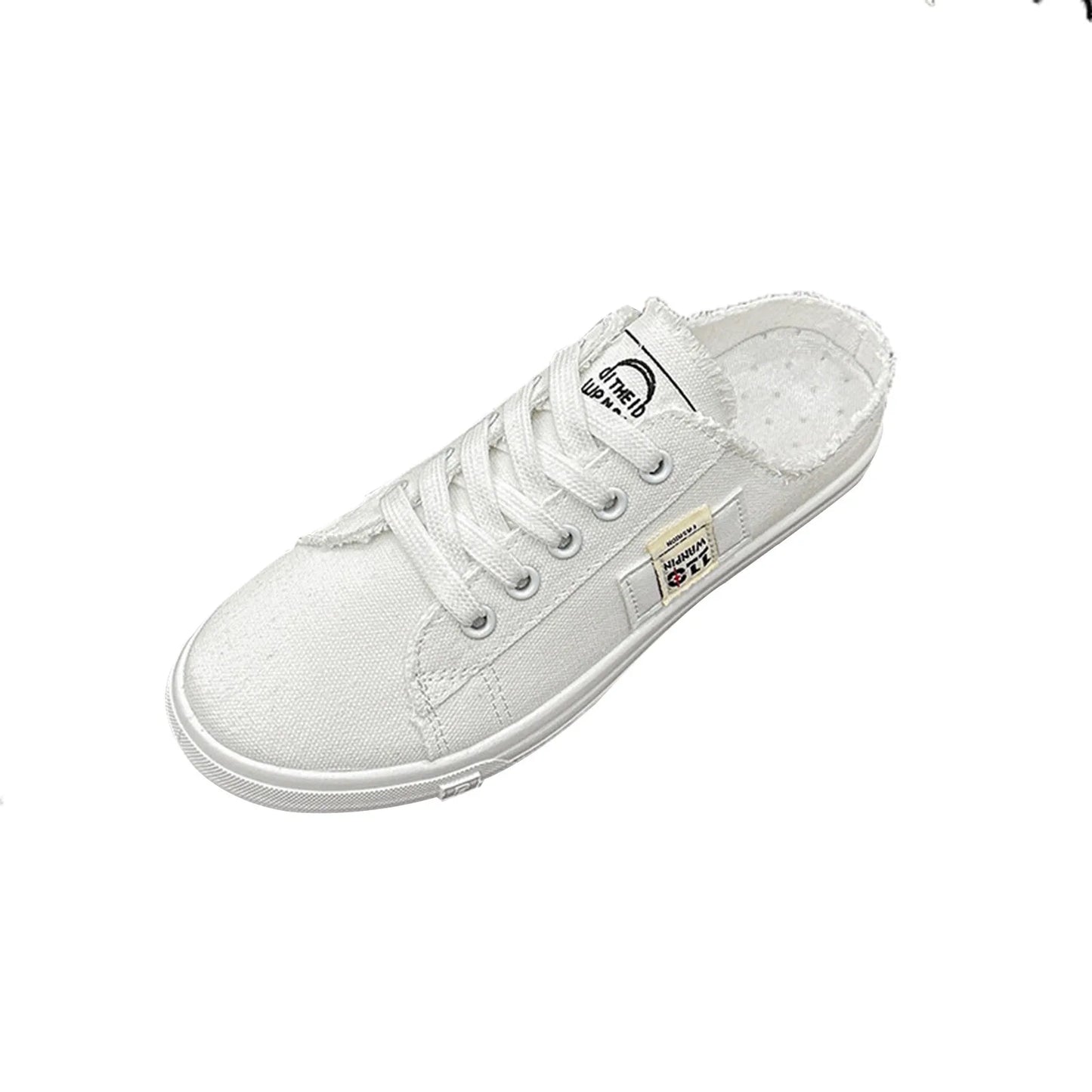 Women Canvas Shoes Spring Summer All-Match Flat Sneakers Korean Women Low Upper Half Slippers Lace up Shoes Zapatos De Mujer