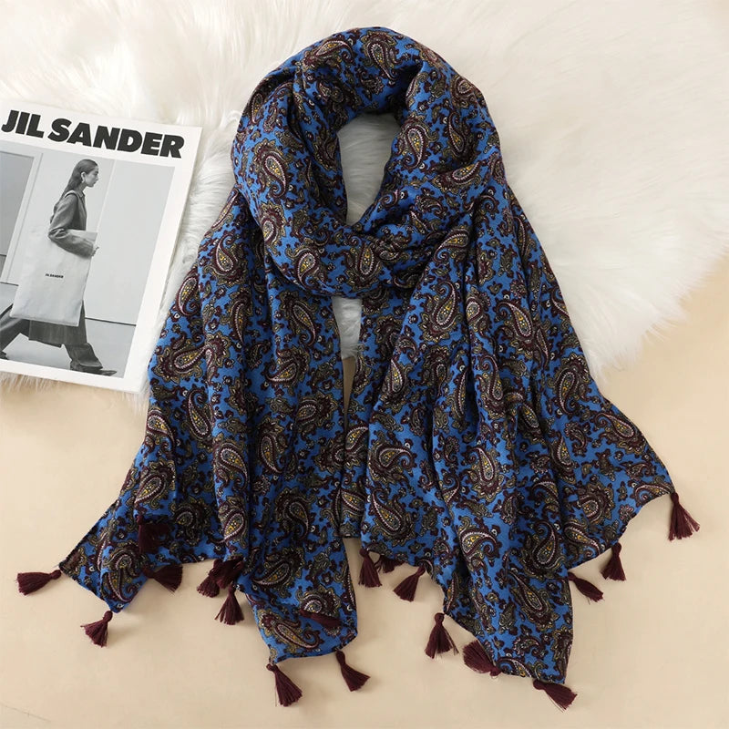 2023 Fashion Paisley Abstract Floral Tassel Viscose Shawl Scarf Lady High Quality Wrap Thin Pashmina Stole Muslim Hijab 180*90Cm
