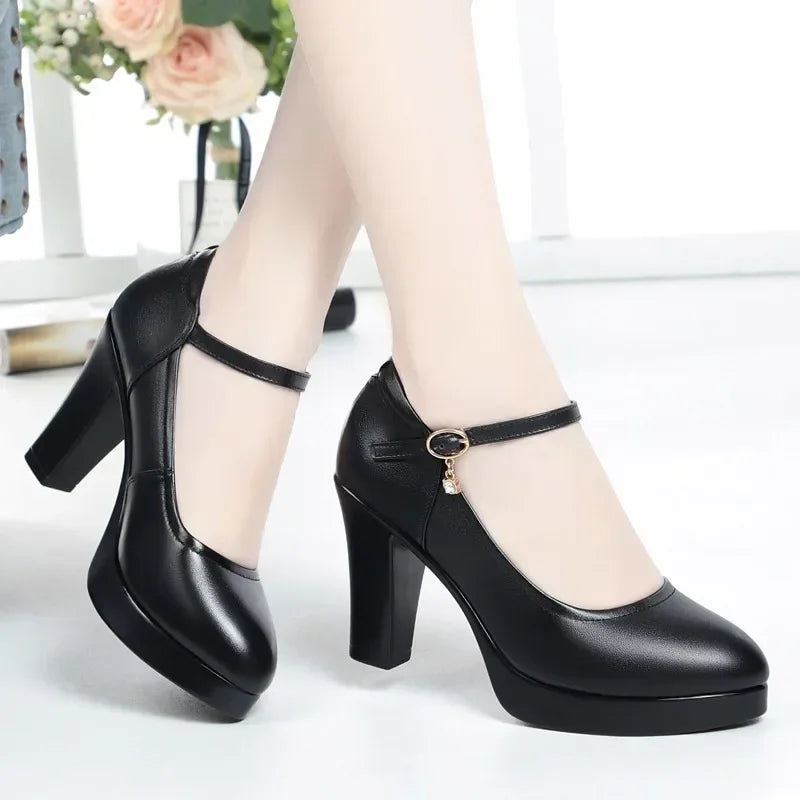 High Heels Platform Pumps Mujer 2022 Spring New Fashion Buckle Solid Black Shoes Woman PU Leather Waterproof Shoes Femme