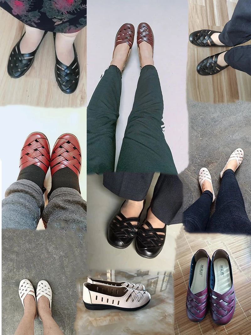 Woven Leather Loafers Women'S Braided Flats Autumn Shoes Cross Tied Women Summer Hollow Breathable Shallow Shoes Female Loafers