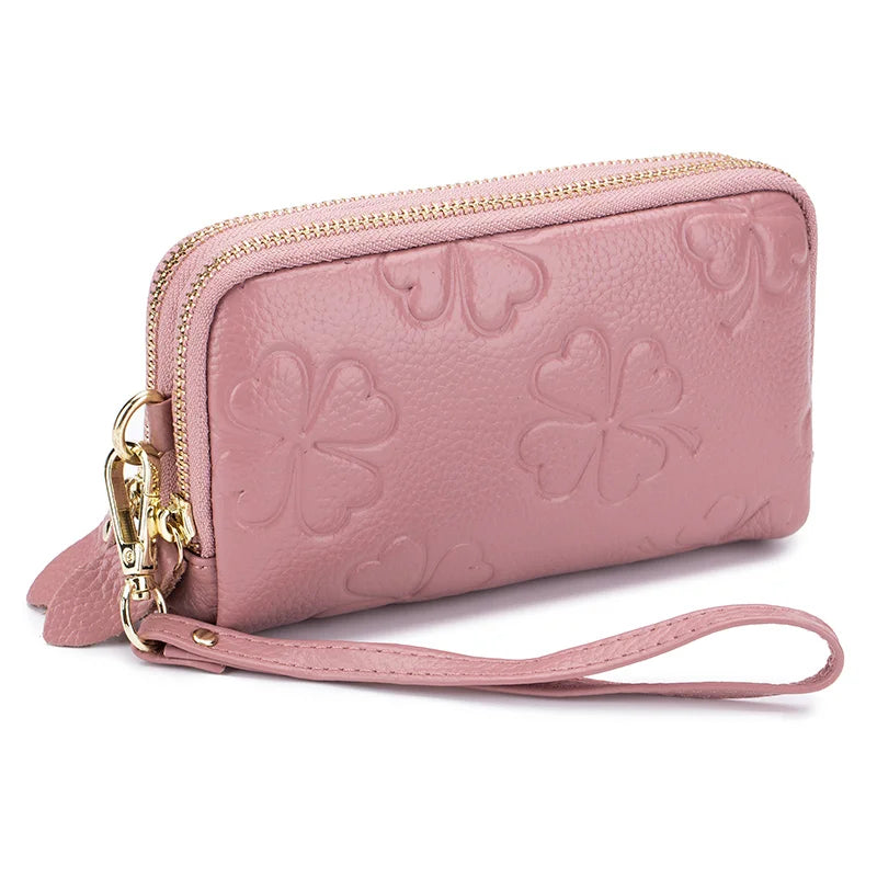 Real Leather Women Long Wallet Ladies Double Zipper Coin Purse Four-Leaf Clover Card Holder Female Cute Money Bag Luxury Clutch
