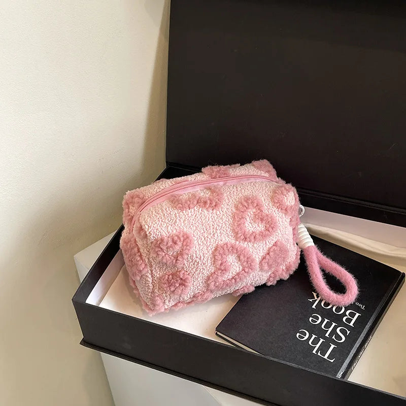 Plush Makeup Bags with Handle Soft Travel Cosmetic Storage Bag Portable Love Print Organizer Pencil Case Cute Clutch Pouch