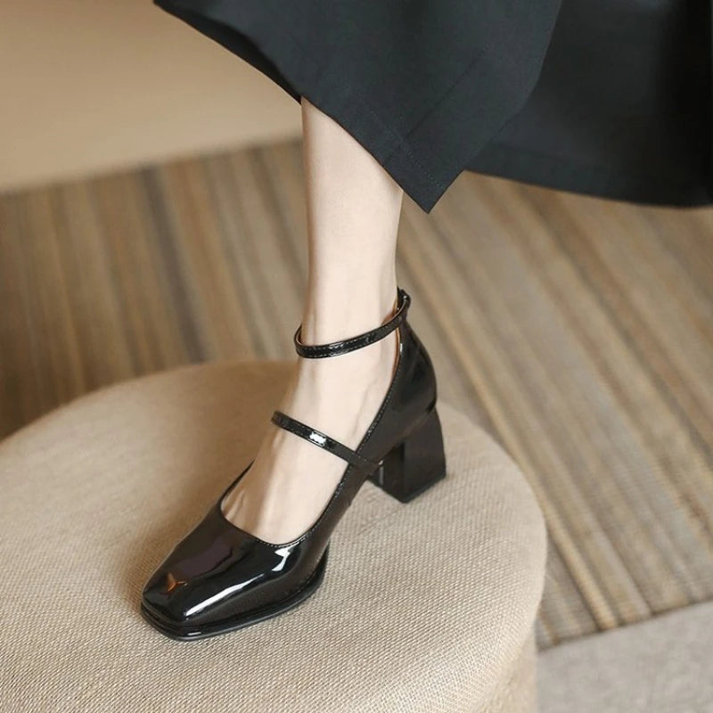 2025 New Women'S Mary Janes Shoes High Quality Leather Shoes for Women Square Toe Shallow Buckle Strap Women'S Shoes Sandalias