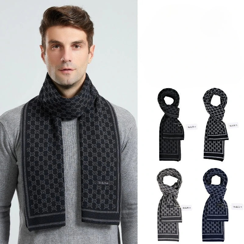 Winter Scarf for Men Check Stripe Paisley Immitation Cashmere Elegant Jacquard Scarves Double Side Warm Windproof Neck Snood