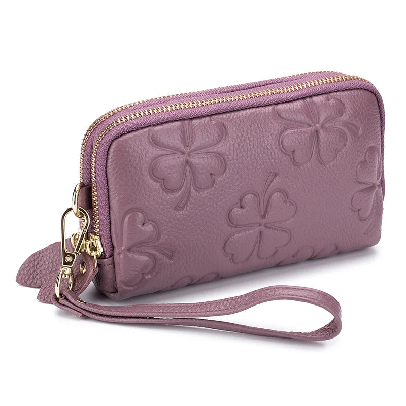 Real Leather Women Long Wallet Ladies Double Zipper Coin Purse Four-Leaf Clover Card Holder Female Cute Money Bag Luxury Clutch