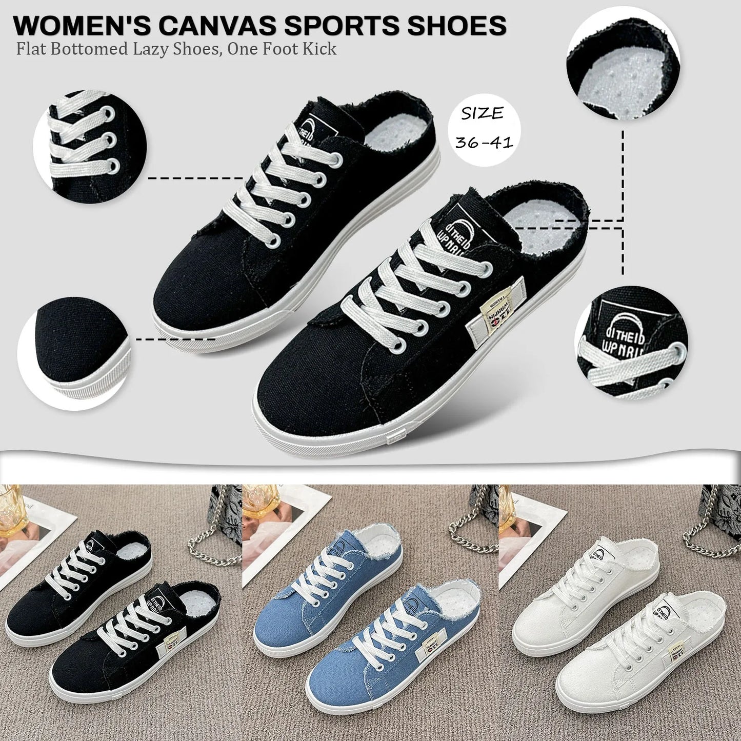 Women Canvas Shoes Spring Summer All-Match Flat Sneakers Korean Women Low Upper Half Slippers Lace up Shoes Zapatos De Mujer
