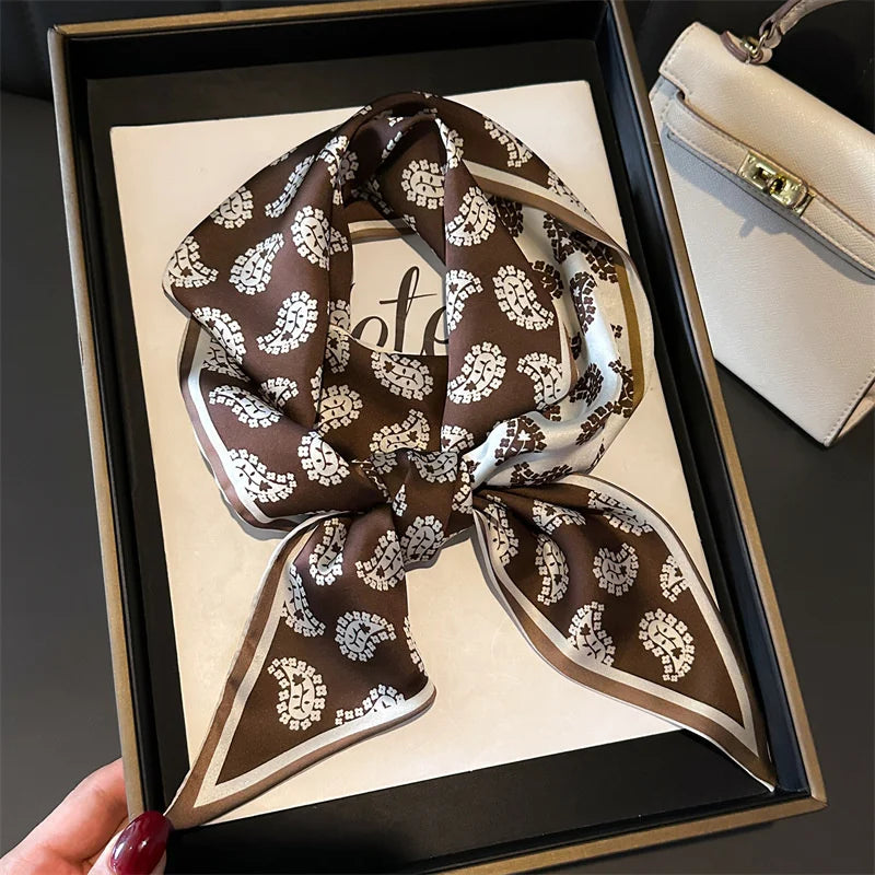 Green Paisley Pattern Small Silk Scarves for Women Long Narrow Silk Feel Double-Sided Scarf Lady Headband Shawl Hairband