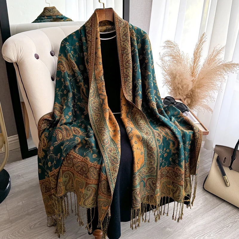 Tassel Blanket Design Thick Pashmina New Winter Warm Shawl Wrap Paisley Pattern Scarf Women Neckerchief Poncho Stoles 2025