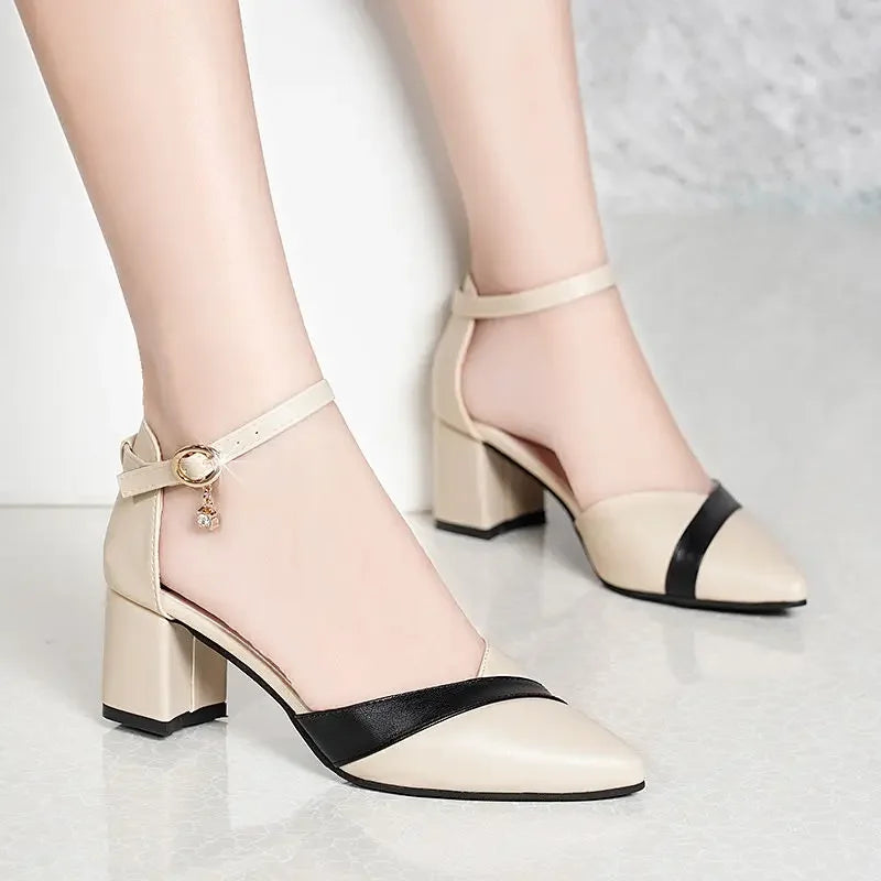 Sapatos Femininas Women Fashion Sweet Point Toe Black Patent Leather Buckle Strap Square Heel Shoes Lady Beige Work Shoes Ca390