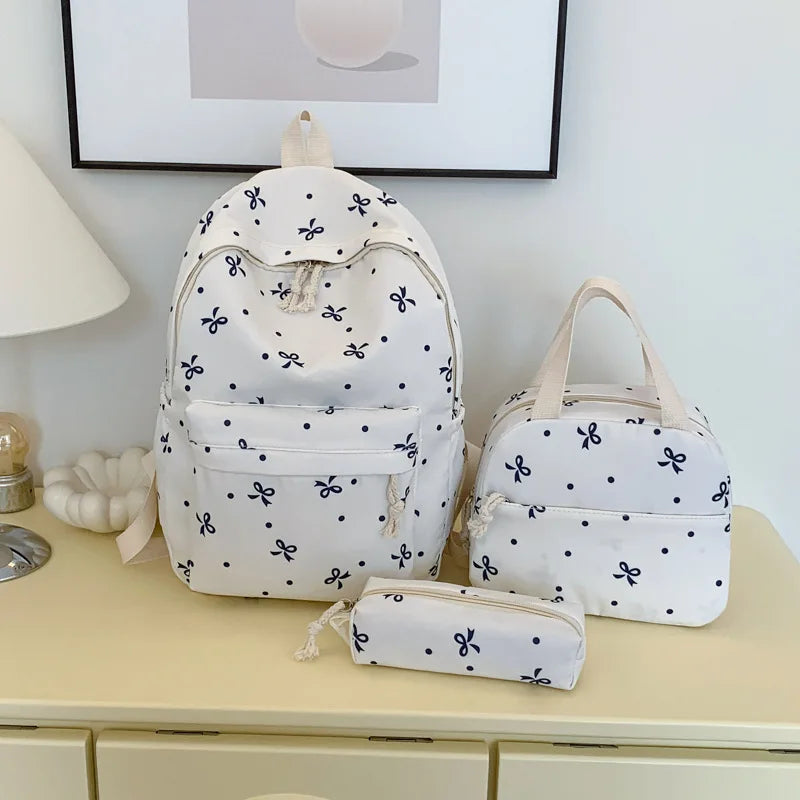 3-Piece Bow Print Backpack Set for Women Matching Crossbody Bag&Handbag&Pencil Case Multi-Pocket Lightweight School Bundle