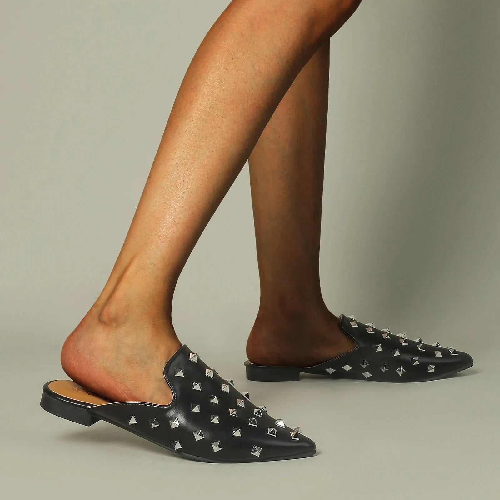 Riveted Slippers Women'S Shoes Leather Square Heel Low-Heel Slippers Casual Shoes Flat Shoes Loafers Footwear