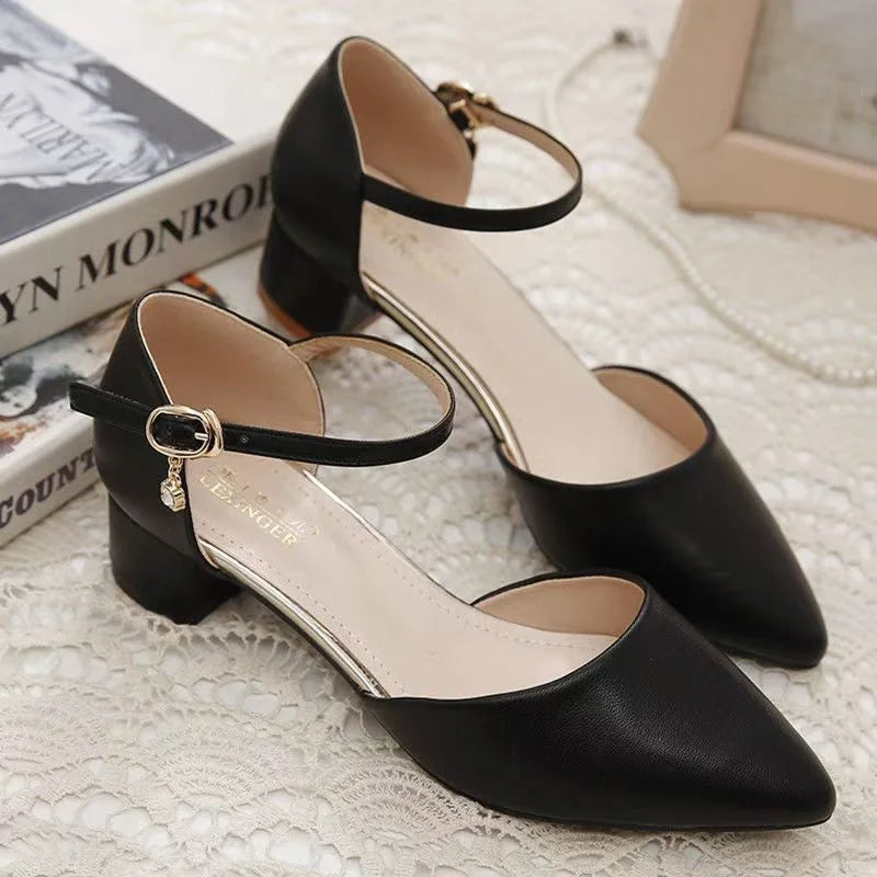 Sapatos Femininas Women Fashion Sweet Point Toe Black Patent Leather Buckle Strap Square Heel Shoes Lady Beige Work Shoes Ca390