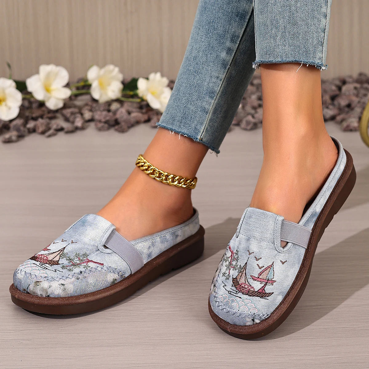 Embroidered Sailing Mule Slides for Women - Comfortable Casual Flat Shoes with Vintage Nautical Print