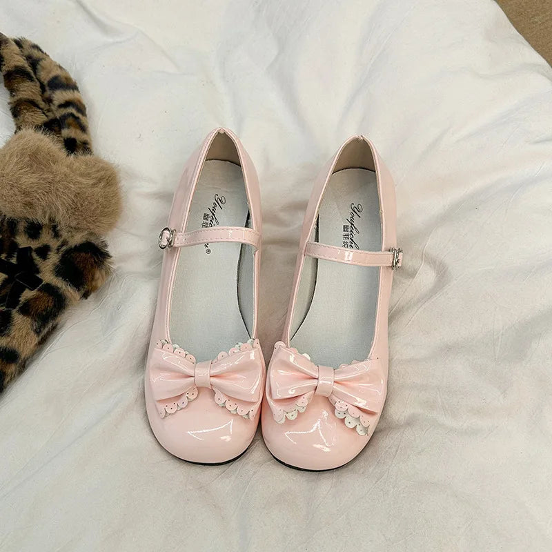 2026Women Pumps Lolita Style Cute round Head Jane Shoes Women Bow Sweet Party Dress Midi Heels Shoes New Fashion Heels Women