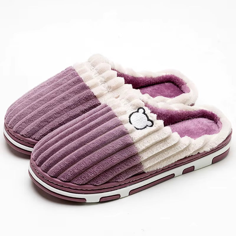 Smile Pop Women Confinement Soft Cotton Slippers Warm Non-Slip Plush Home Cotton Slippers Men Winter Couple Cotton Slippers