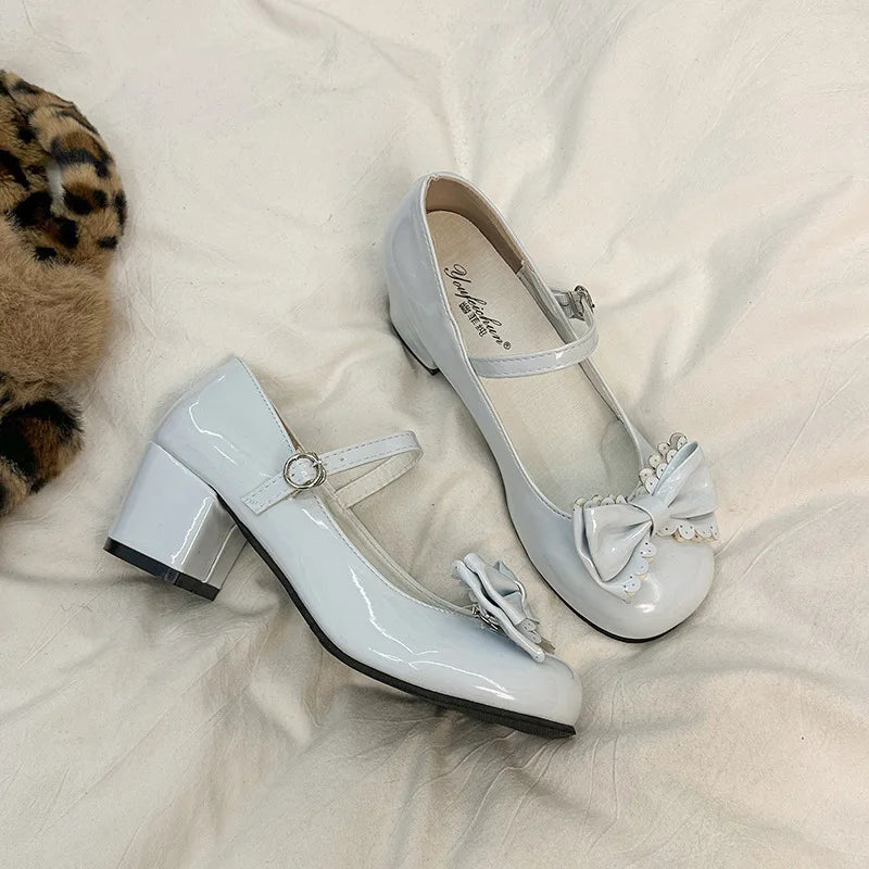 2026Women Pumps Lolita Style Cute round Head Jane Shoes Women Bow Sweet Party Dress Midi Heels Shoes New Fashion Heels Women