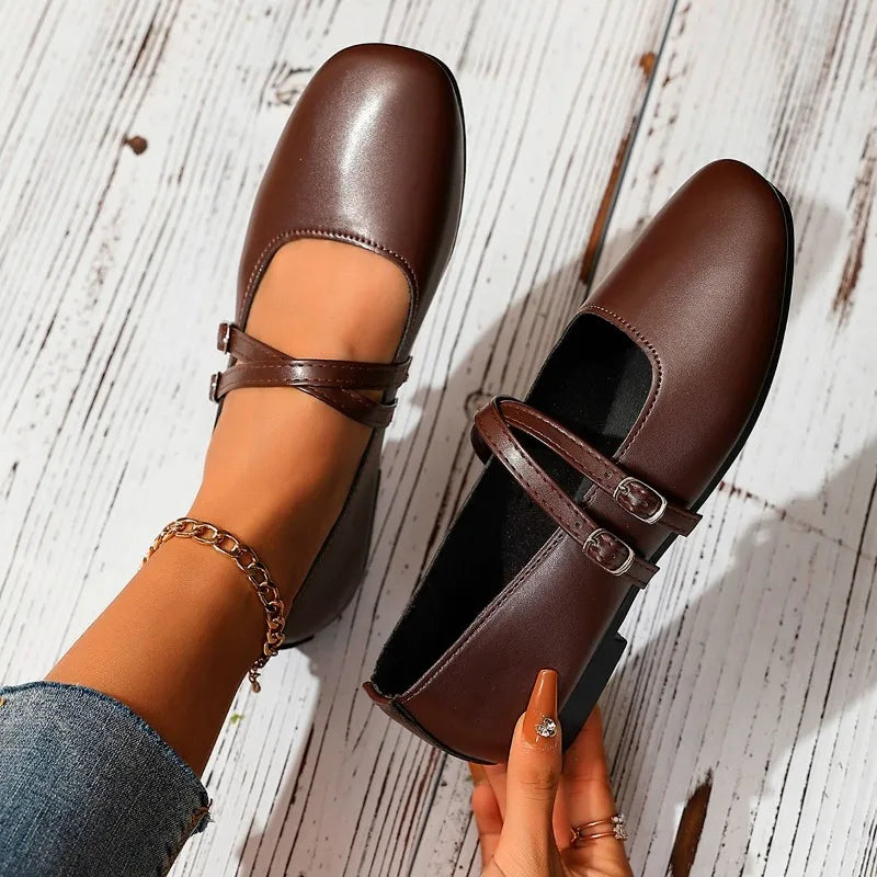 Classic Retro Mary Jane Flat Shoes Fashionable New Women'S Casual Shoes Square Toe Straight Buckle Shallow Mouth Work Shoes