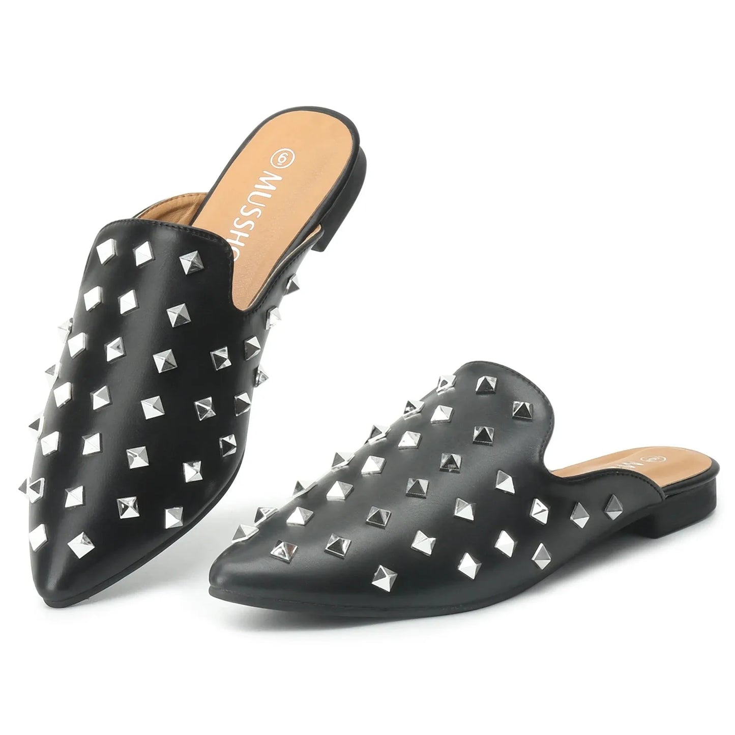 Riveted Slippers Women'S Shoes Leather Square Heel Low-Heel Slippers Casual Shoes Flat Shoes Loafers Footwear