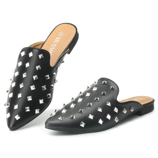 Riveted Slippers Women'S Shoes Leather Square Heel Low-Heel Slippers Casual Shoes Flat Shoes Loafers Footwear