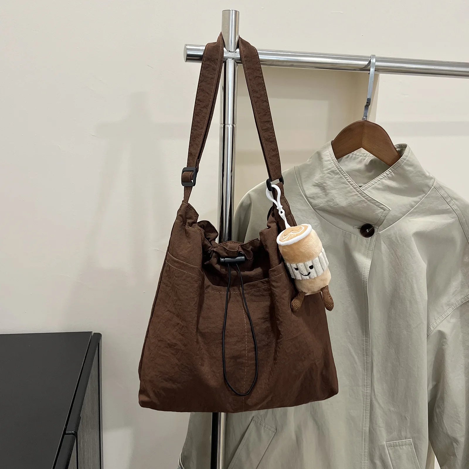 Washed Fabric Pleats Bucket Bag, Made Waterproof Nylon Drawstring Fold Cross Body Bags, Casual Versatile Shoulder Messenger Bag