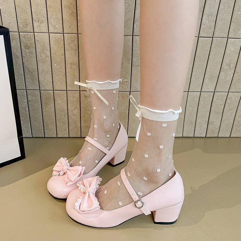 2026Women Pumps Lolita Style Cute round Head Jane Shoes Women Bow Sweet Party Dress Midi Heels Shoes New Fashion Heels Women