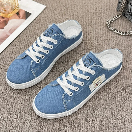 Women Canvas Shoes Spring Summer All-Match Flat Sneakers Korean Women Low Upper Half Slippers Lace up Shoes Zapatos De Mujer