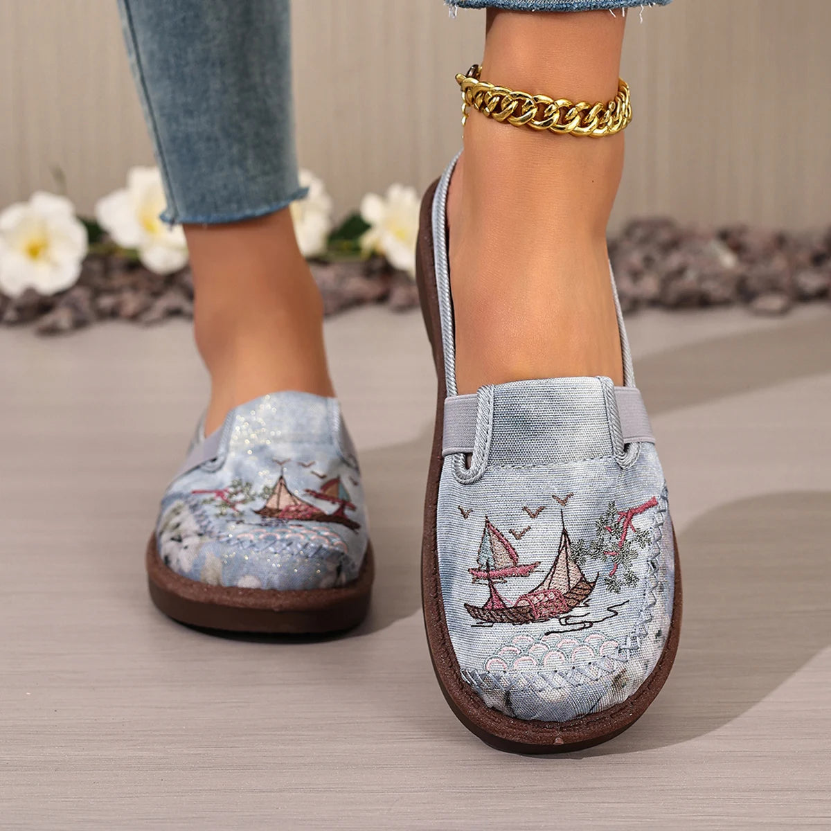 Embroidered Sailing Mule Slides for Women - Comfortable Casual Flat Shoes with Vintage Nautical Print