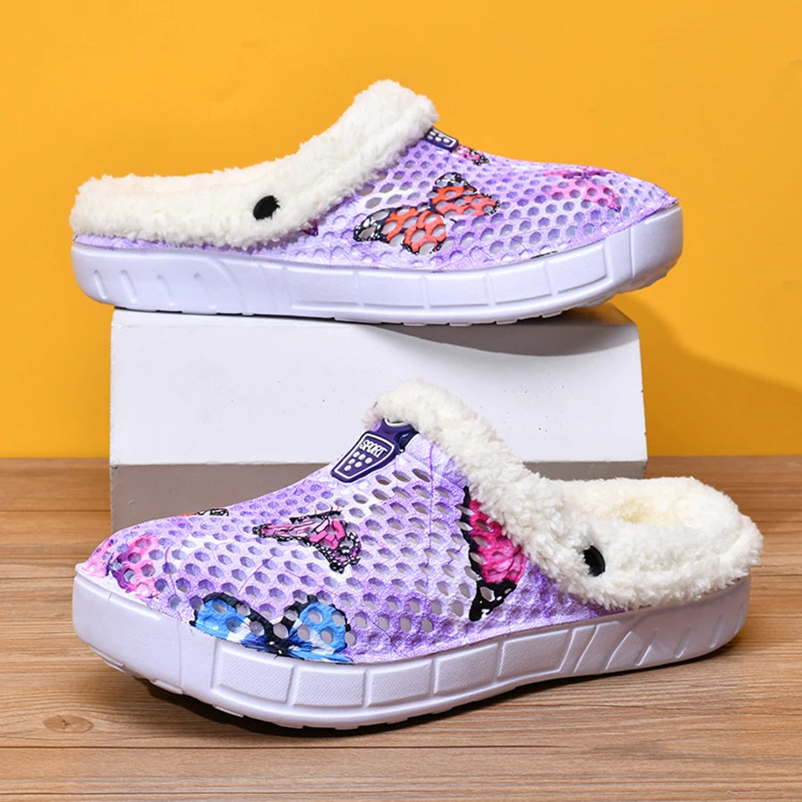 Women'S Cotton Slippers Butterfly Pattern Clogs Mules Autumn and Winter Warm plus Velvet Thickening