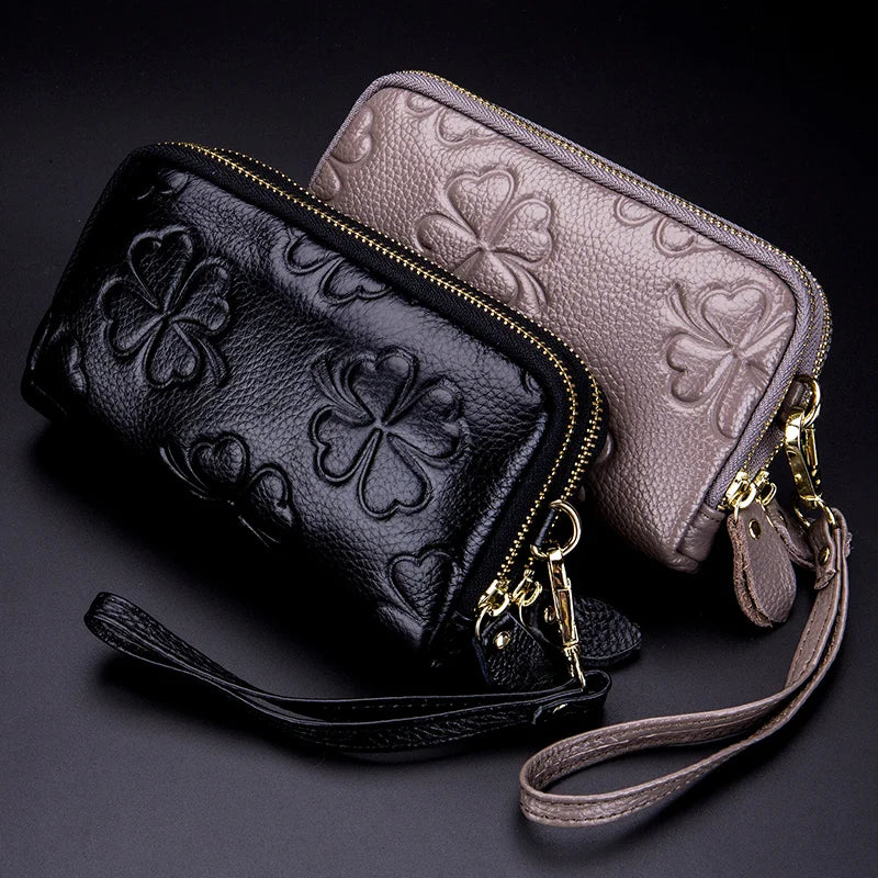 Real Leather Women Long Wallet Ladies Double Zipper Coin Purse Four-Leaf Clover Card Holder Female Cute Money Bag Luxury Clutch
