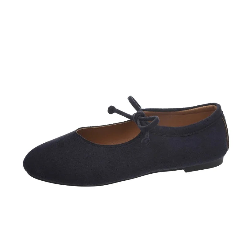 Casual Flat Shoes Women'S round Toe Shallow Suede Front Lace-Up Soft Sole Anti-Slip Wear-Resistant Low-Top Single Shoes