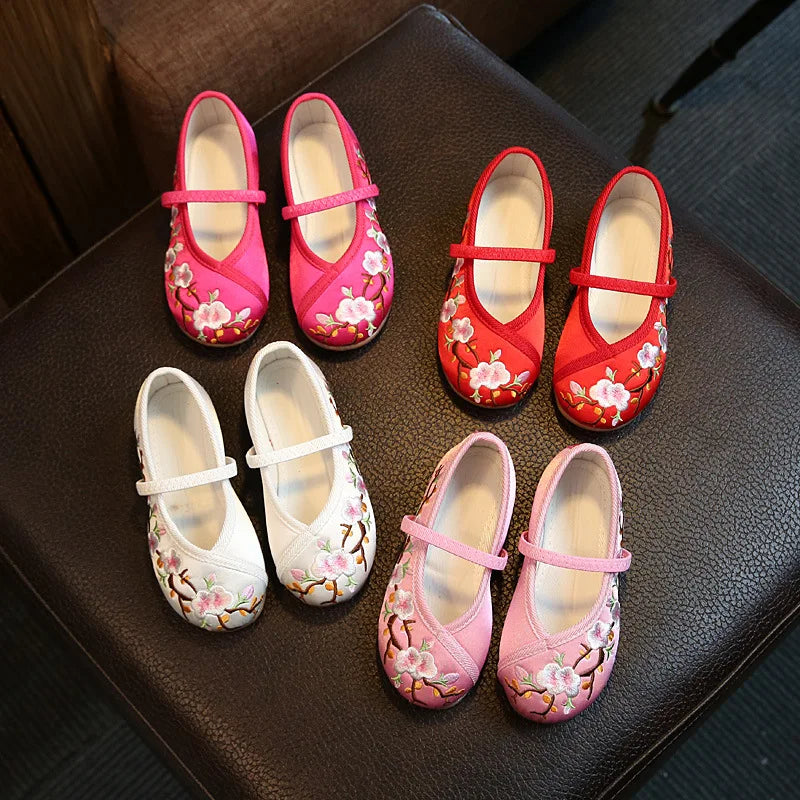 Children Hanfu Flat Shoes Ethnic Chinese Style Girls Embroidered Cloth Shoes Fashion Soft Kids Princess Ancient Dress up Shoes