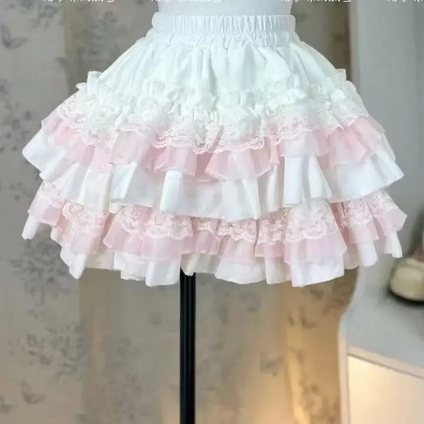 Y2K Gothic Punk Black White Short Skirt Women Hot Chick Darkly Polka Dot Ruffle Cake Skirt Female Sweet Chic Lolita Lace Skirts