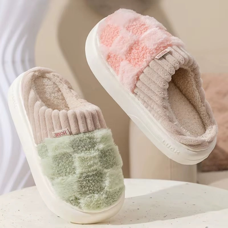 Fashion Couple Winter Slides Warm Plaid Fluffy Slippers Soft Sole Flip Flops for Women and Men Home Indoor Non-Slip Cotton Shoes
