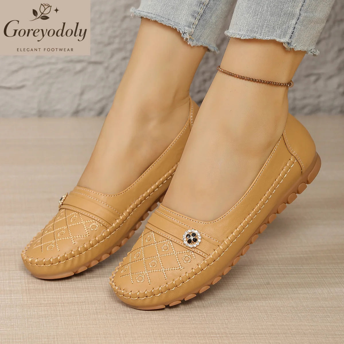 Goreyodoly Women Loafers Quilted Pattern Slip on Flats Soft Leather Lightweight Breathable Casual Walking Shoes Non Slip Sole