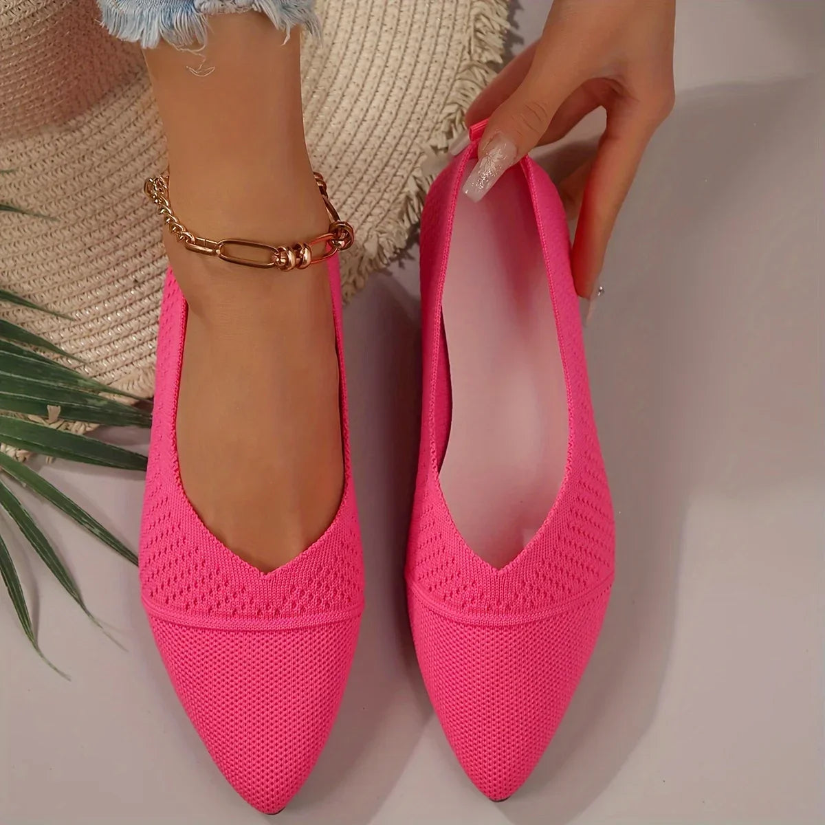 Women Flat Shoes Solid Color Knitted Slip on Loafers Women Pointed Toe Ladies Shoes Casual Breathable Ballet Women Flat Shoes