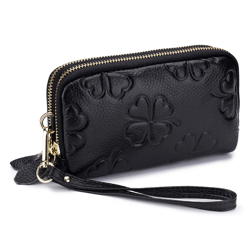Real Leather Women Long Wallet Ladies Double Zipper Coin Purse Four-Leaf Clover Card Holder Female Cute Money Bag Luxury Clutch