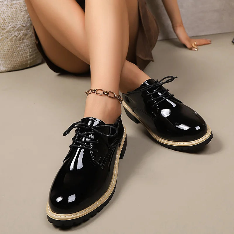 Shoes for Women High Quality Patent Leather Casual Shoe British Style Leather Shoe Lace up Oxford Shoes for Women Casual Loafers