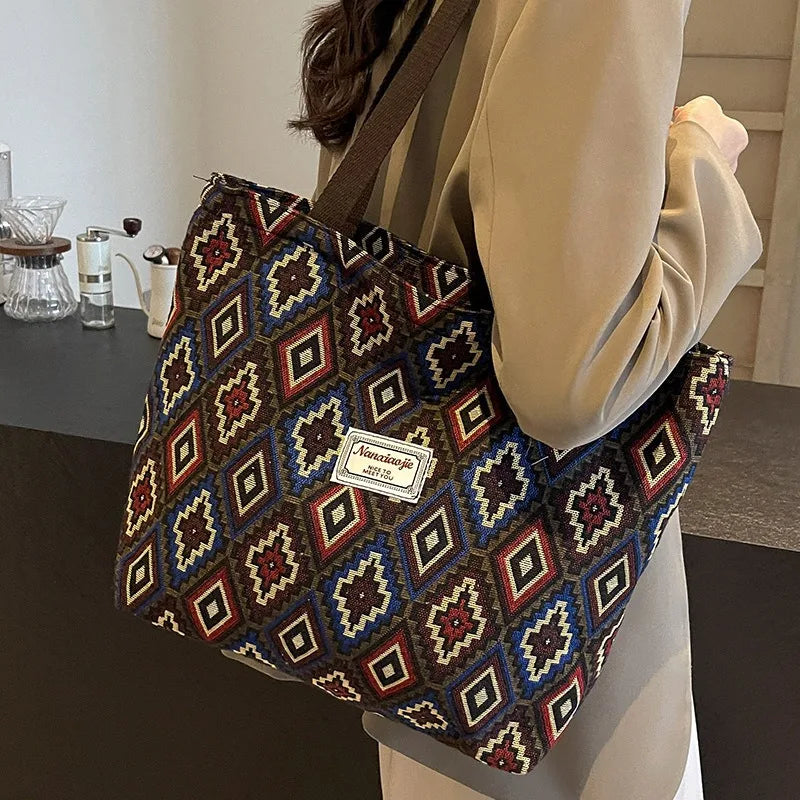 Large-Capacity Canvas Women'S Tote Bag Retro Versatile Single-Shoulder Commuting Mommy Handbag Designer Bucket Bag 2025