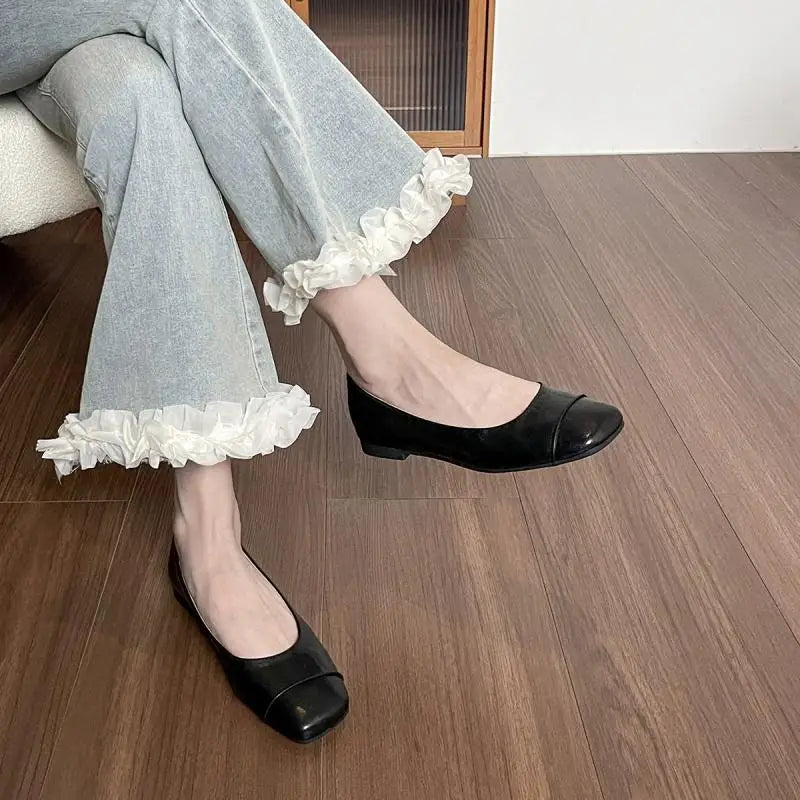 Women'S Simple Square-Toe Slip-On Flats | Elegant Business Casual Leather Shoes | All-Season Fashion Loafers
