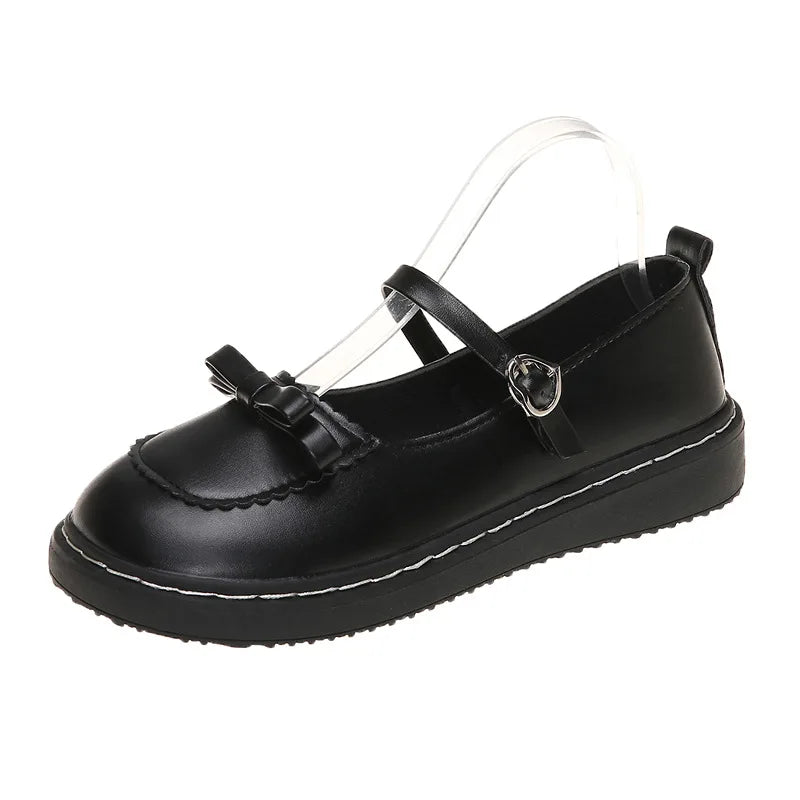 Spring Autumn Lolita Shoes Bow Mary Janes Shoes Platform Women'S Flats Leather round Toe Casual Shoes Lovely Girls Black Oxford