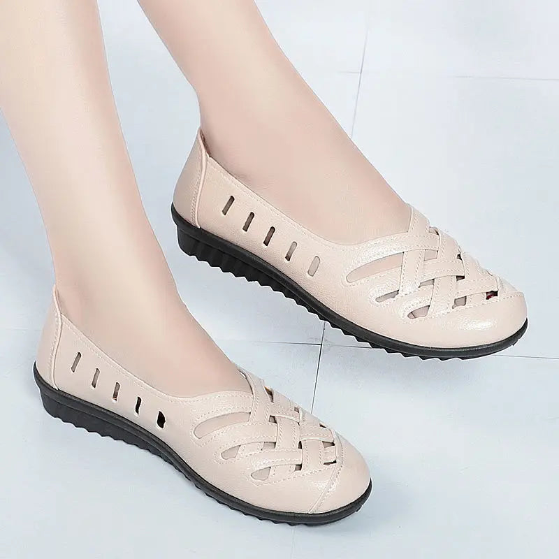 Woven Leather Loafers Women'S Braided Flats Autumn Shoes Cross Tied Women Summer Hollow Breathable Shallow Shoes Female Loafers
