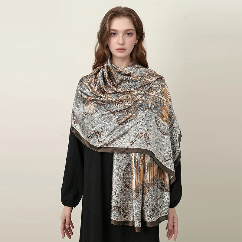 Oversized Silk Shawl for Women Luxury Paisley Print Sun Protection Wrap Summer Beach Cover up Muslim Hijab Scarf Fashion Bandana