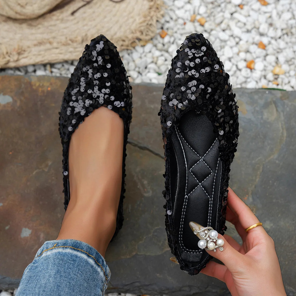 Sequin Designer Spring New Style Fashion round Toe Non-Slip Flat Shoes Casual Comfortable Shallow Mouth Women'S Loafers