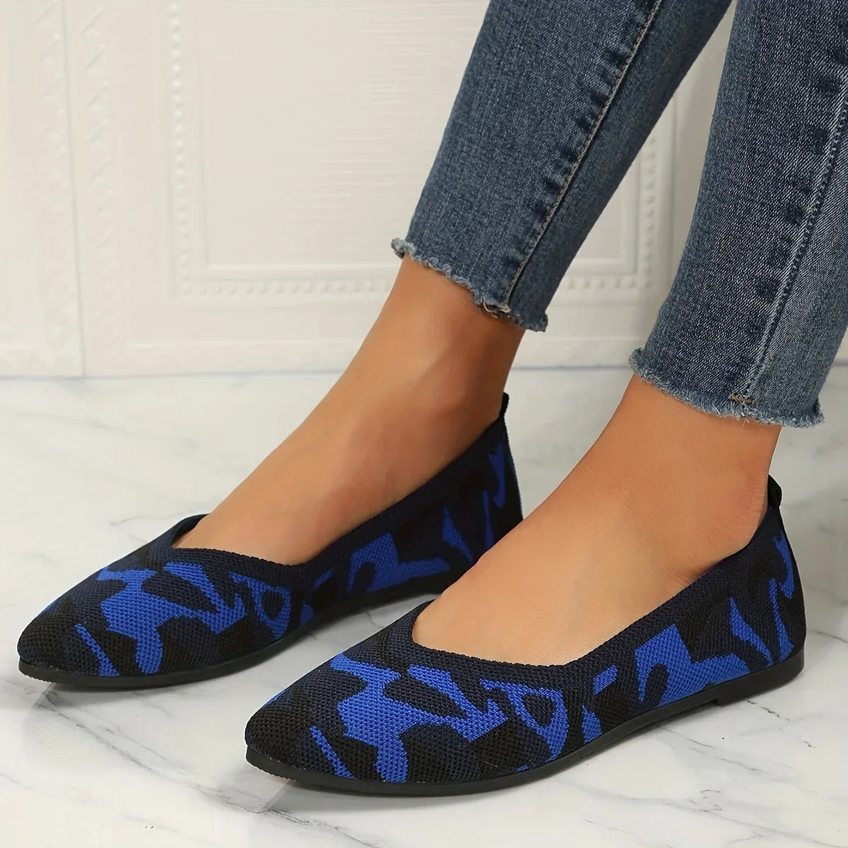 2025 Women'S Pointed Toe Flat Shoes Solid Color Knitted Slip on Shoes Casual Breathable Ballet Flats Women Flat Shoes Loafers