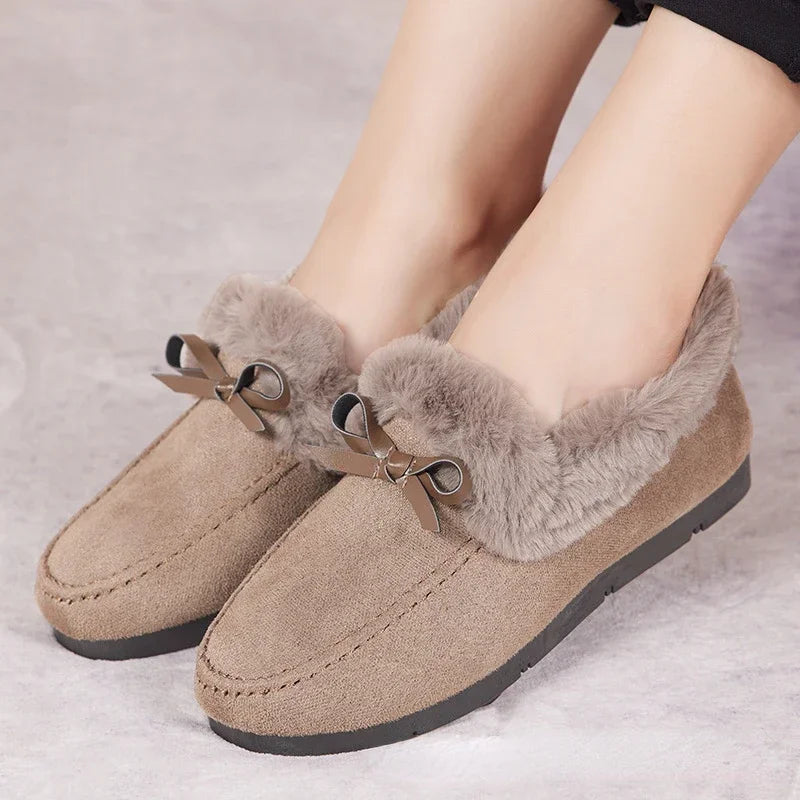 Women Winter Casual Shoes New Moccasins Soft Flat Non-Slip Loafers Fashion Comfort Warm Plush Bow Slip on Female Cotton Shoes